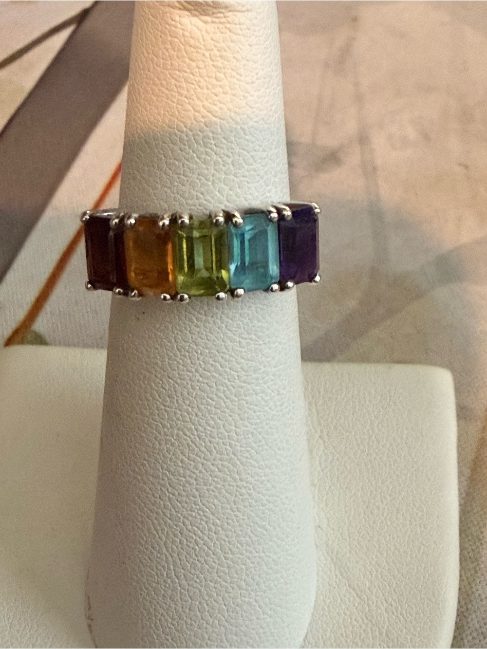 Sterling Silver Multicolor semiprecious -Cut Gemstone Band Ring SZ 4.75